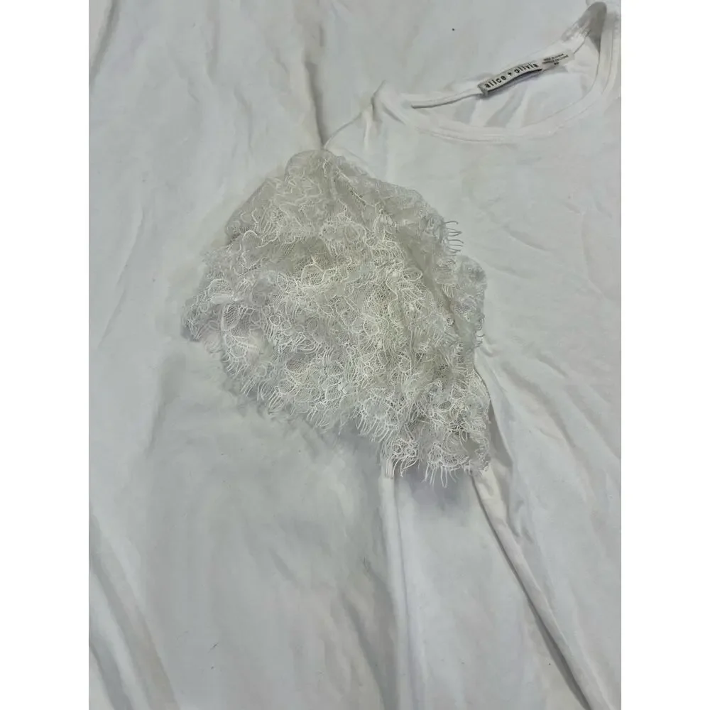 Alice & Olivia White Lace Sleeve Crop Stretchy Romantic Darcelle T-Shirt Medium - Picture 3 of 11